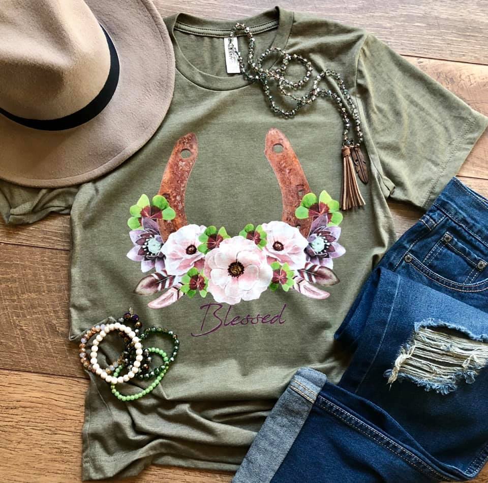 Blessed Floral Horseshoe Tee