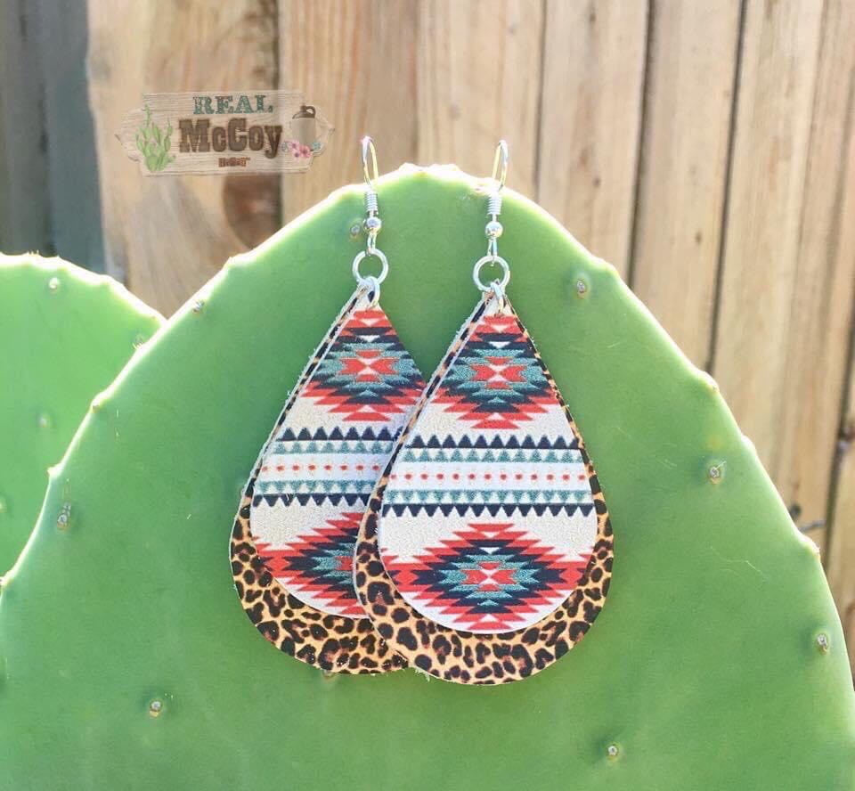 Aztec & Cheetah Double Layer Leather Earrings