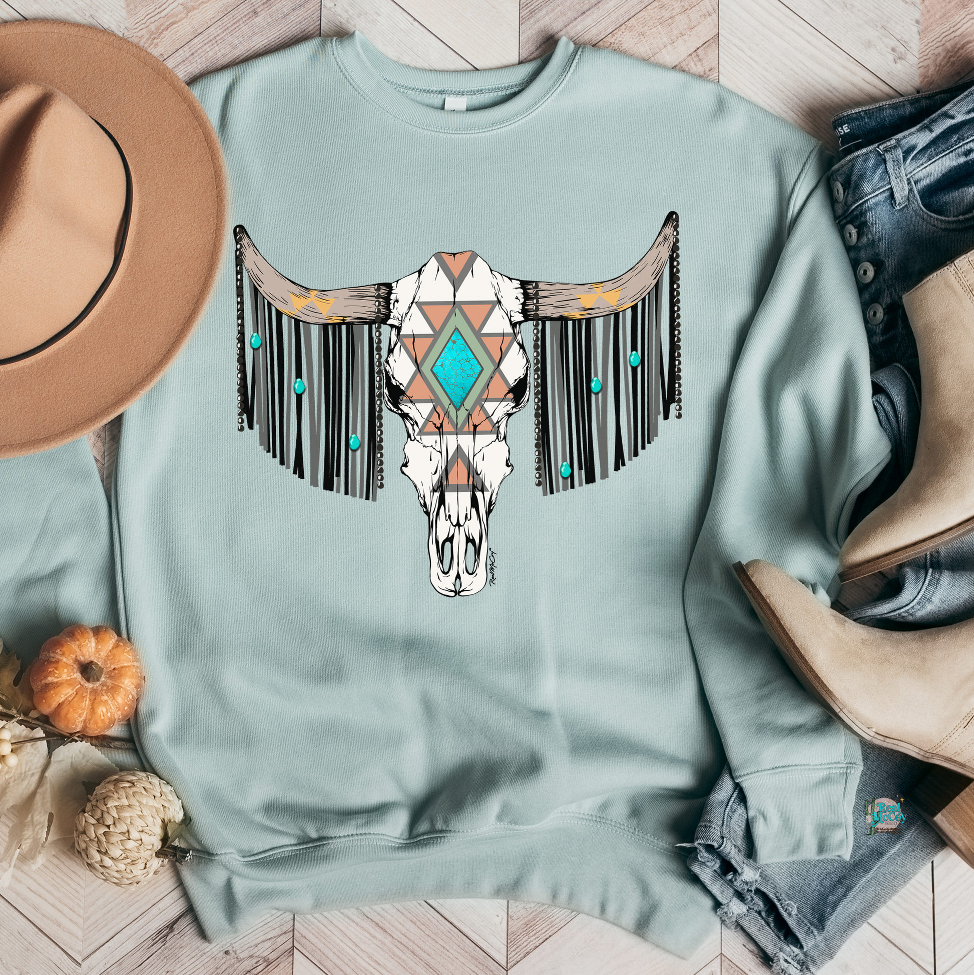 Turquoise & Fringe Bull Tee & Sweatshirt